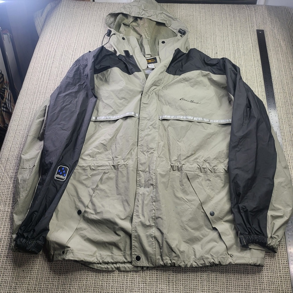Eddie Bauer Rain Jacket Mens XL Green Black Waterproof Hooded Reflective Outdoor